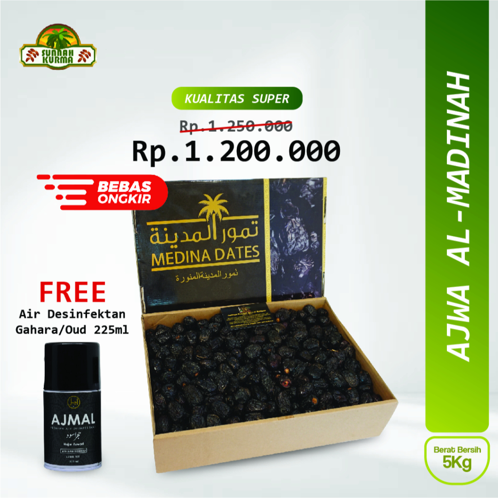 

Kurma Ajwa Medina Dates Dus Hitam 5kg Gratis Ajmal Disinfektan 225ml