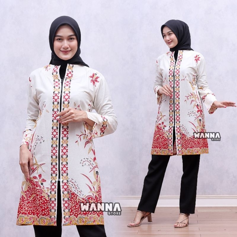 TUNIK BATIK TERBARU CANTIK ATASAN WANITA ZIPPER DEPAN ELEGAN PREMIUM