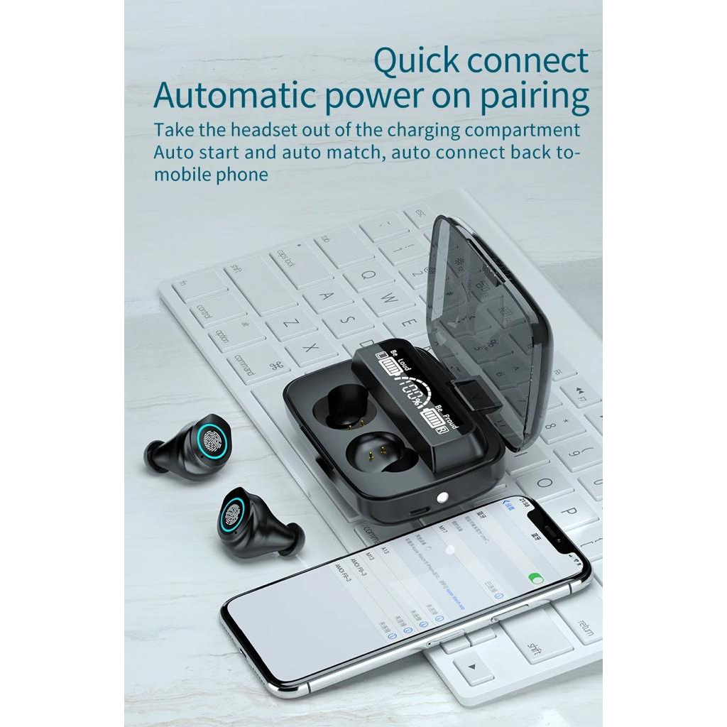 M17 Headphone TWS Nirkabel dengan Mikrofon, Headset Earbud BT Olahraga Stereo 9D