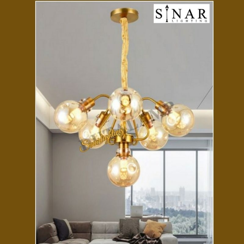 Lampu hias gantung cabang antik gold 90036/5+1