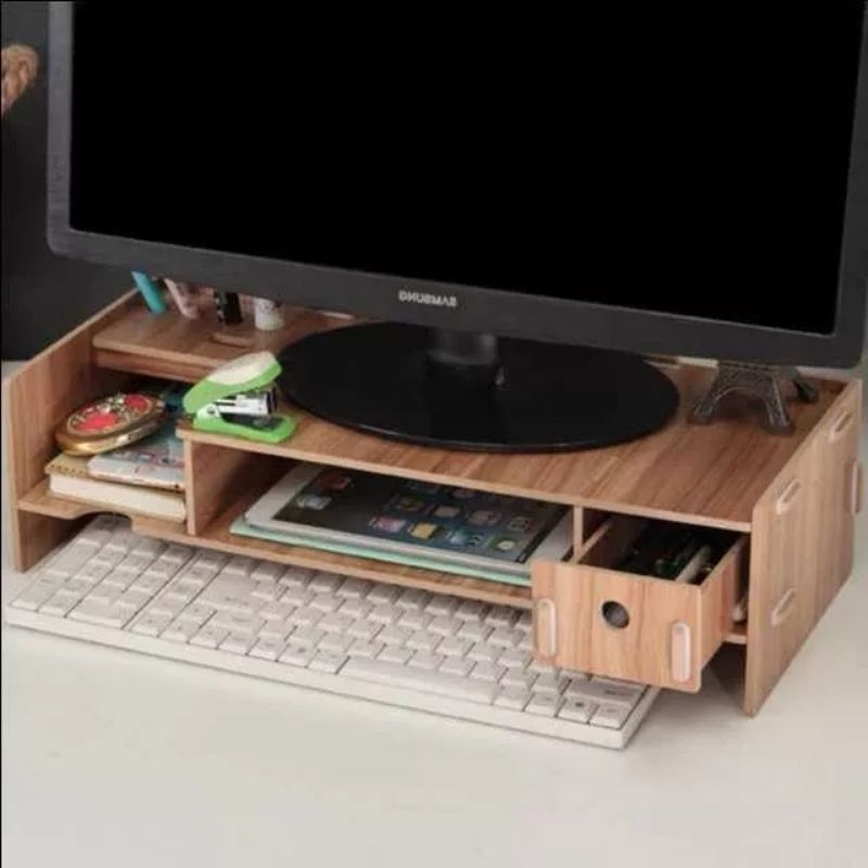STAND LAPTOP KAYU LESEHAN RAK PENINGGI MONITOR IMAC PRINTER ATAS MEJA