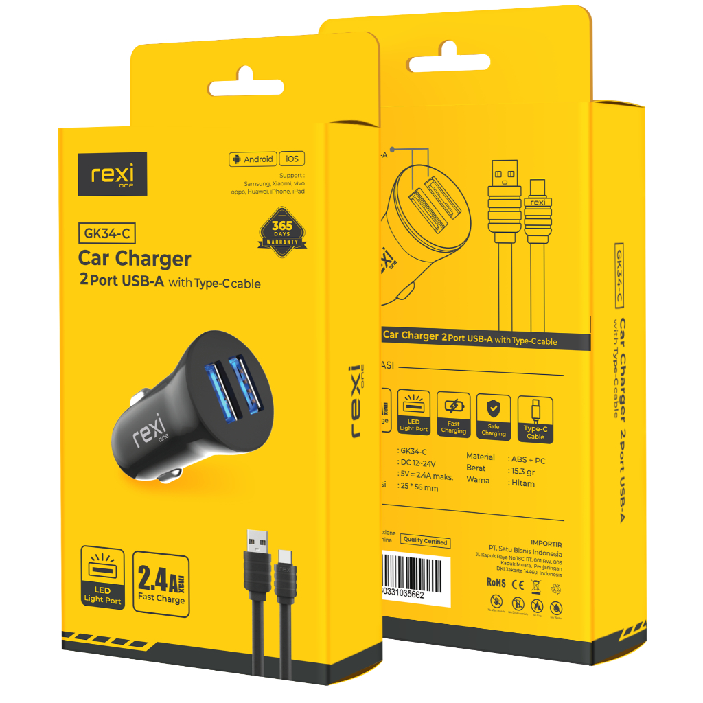 Charger Mobil Rexi Free Kabel Type C Pengisian Cepat 2,4A GK34-C