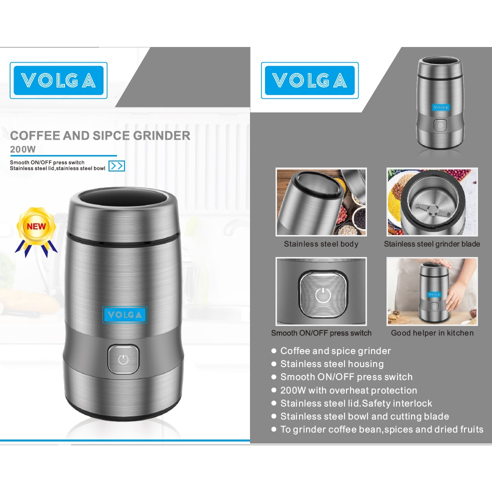 VOLGA Stainless Steel Electric Coffee Spice Grinder 200W