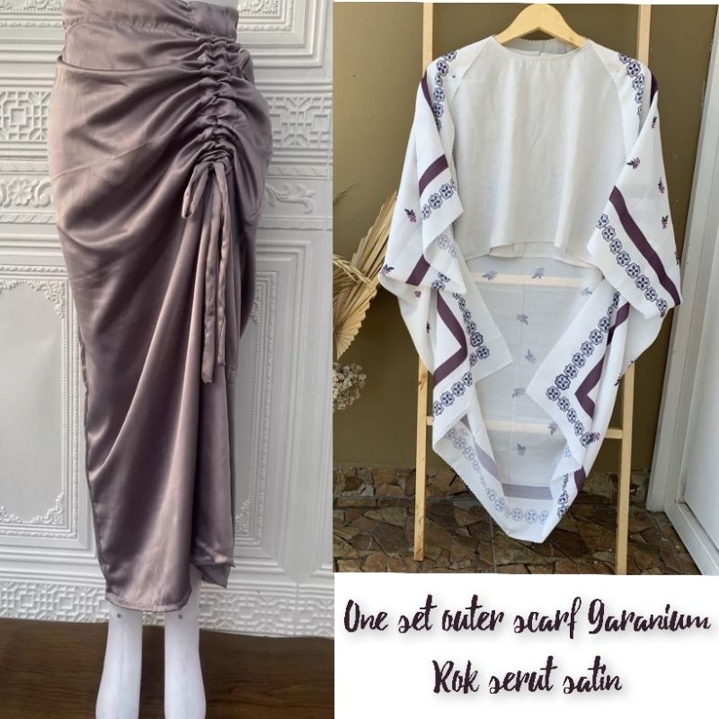 AMORA SET , ONE SET OUTER SCARF DAN ROK SERUT SATIN VELVET , ONE SET WANITA