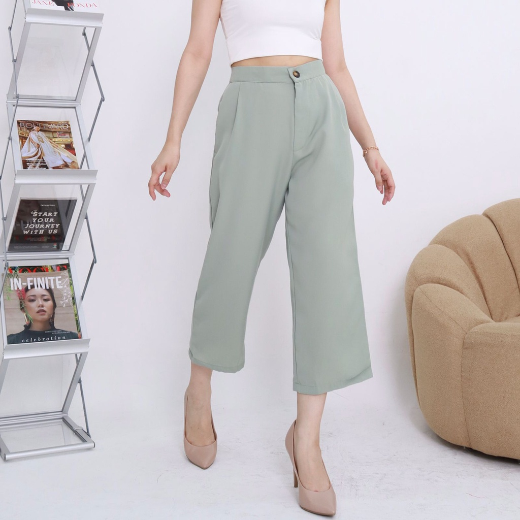 Milen Midi Celana Kulot Wanita Highwaist Culotte Pants Bahan Crinkle - Celana Pendek Wanita