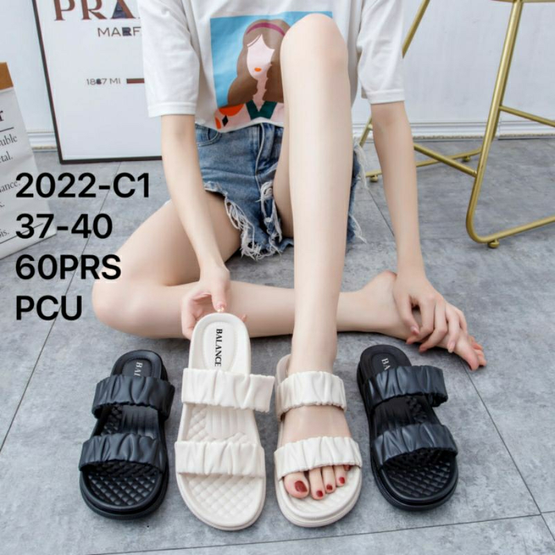 2022-C1 Original Sandal Balance Wedges Jelly Ban 2 Kerut Selop Wanita Terbaru Import Tinggi Sendal Tali Dua Karet Slop PVC Cewek Perempuan Impor Elastis Empuk Cantik Elegan 2022