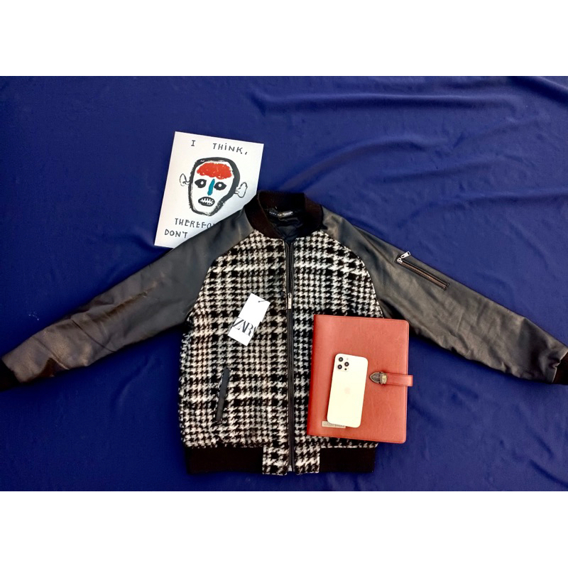 [SUPER RARE] ZARA MAN Houndstooth Bomber Jacket w/ leather Sleeve