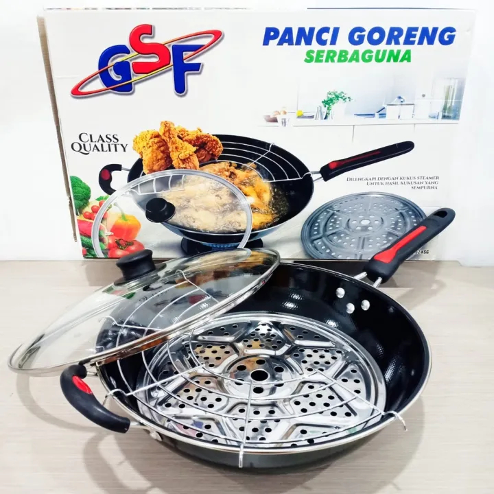wajan enamel tutup kaca GSF 32 cm plus penyaring