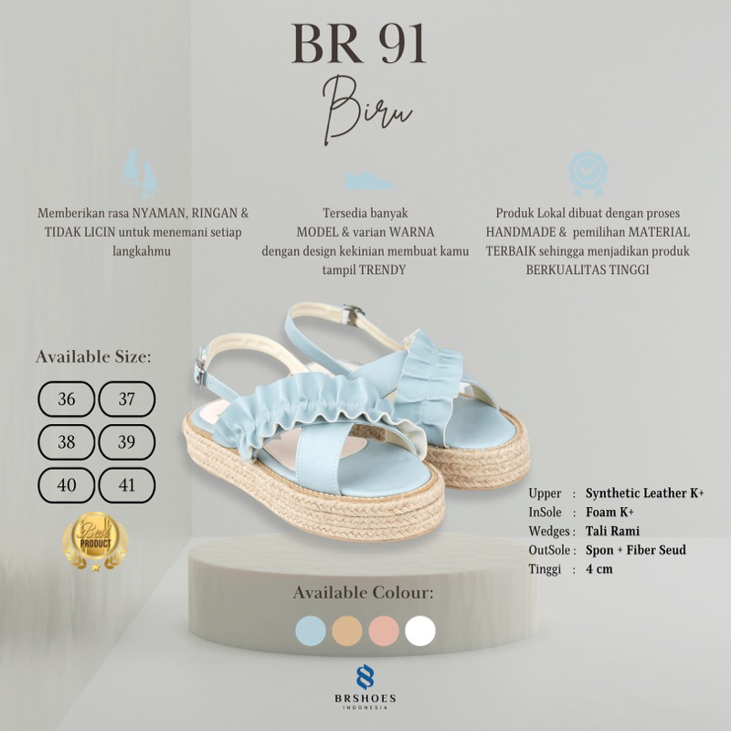 [SIAP KIRIM] BRShoes91 Biru Sandal Wedges Rotan Tali Casual Wanita