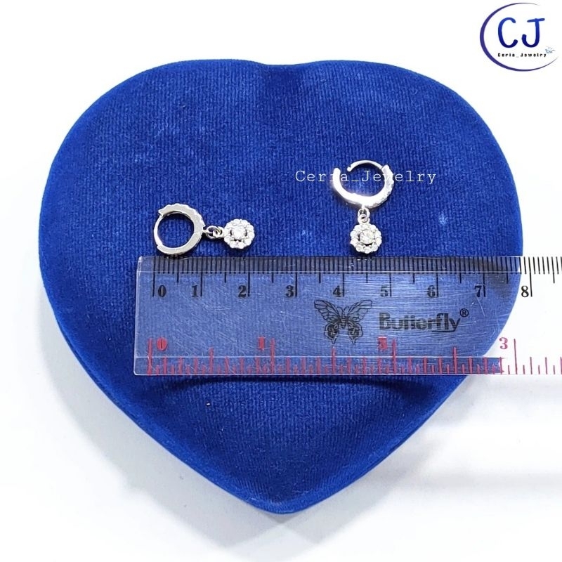 Anting Perak Asli Silver 925 Lapis Emas Putih Model Jepit Permata Gantungan Bunga Permata Full - Perhiasan Perak Asli