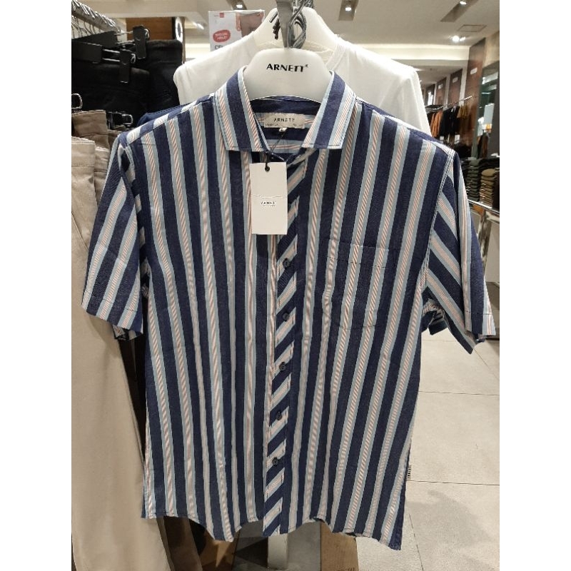 Arnett Baju Kemeja Pria Lengan Pendek Garis Navy