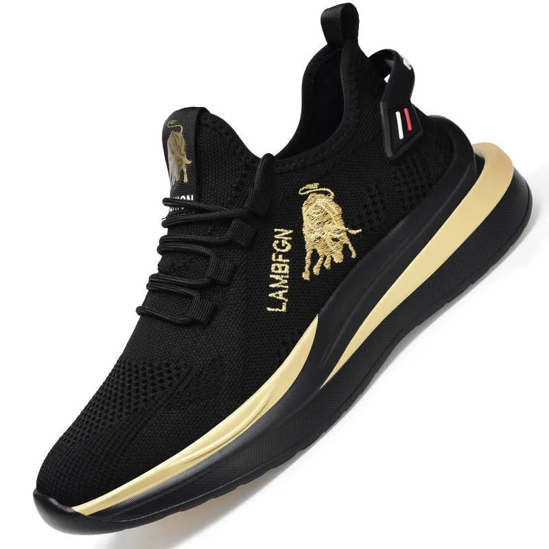 Sepatu Pria Fashion Sport Sneakers Running Casual Cowok Trendy Ringan Hitam Gold