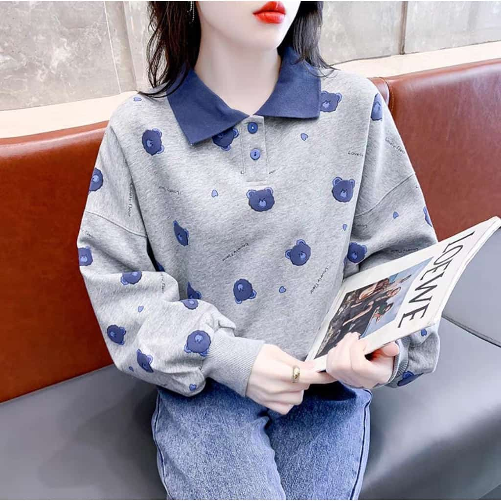 SWEATSHIRT FULLPRINT LOVELY BEAR COLLAR - SWEATER KERAH KANCING