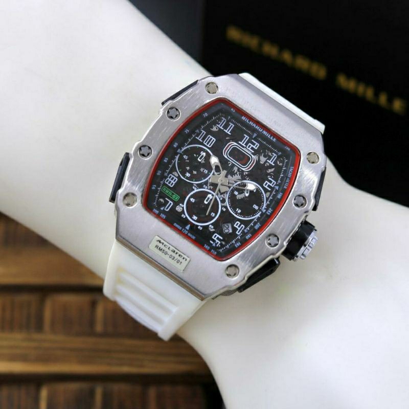 Jam Tangan Pria RM Crono Aktif Super Mewah Dan Elegan Tali Rubber Warna Putih