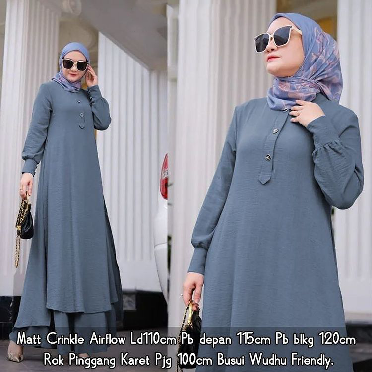 Amanda OneSet Setelan Wanita Set Rok+Long Tunik Polos Busui Kekinian Bahan Crinkle Jumbo LD 110 Fashion Muslim Perempuan Dewasa Terbaru 2023 Baju  Lengan Panjang