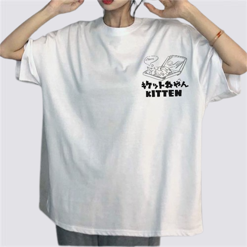 XiaoZhaiNv Kaos Atasan Wanita Kucing Tidur Kartun Pattern Lengan Pendek A0277/Korean Style