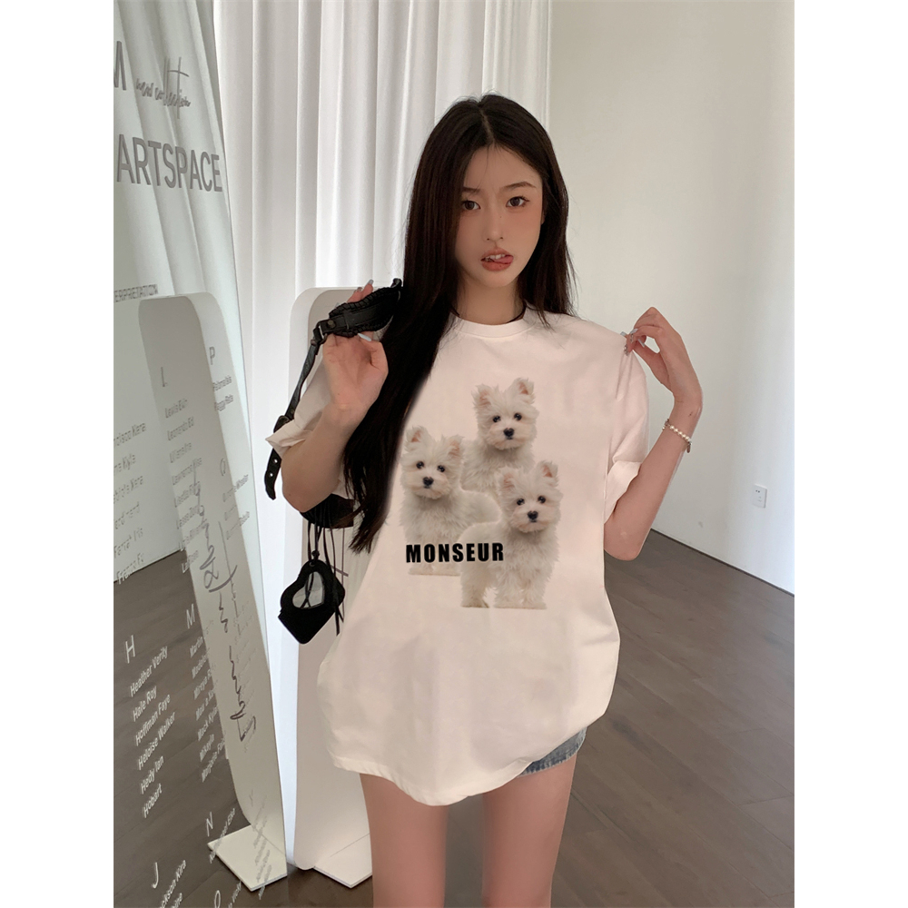 EUNII T-shirt Lengan Pendek Cartoon Monseur Dog Korean Style/Kaos Atasan Wanita/Baju Kaus Oversize Wanita/Kaos Wanita