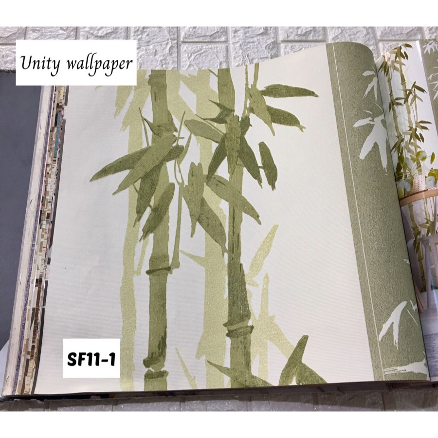 WALLPAPER DINDING MOTIF BAMBU HIJAU ABU KUNING SF