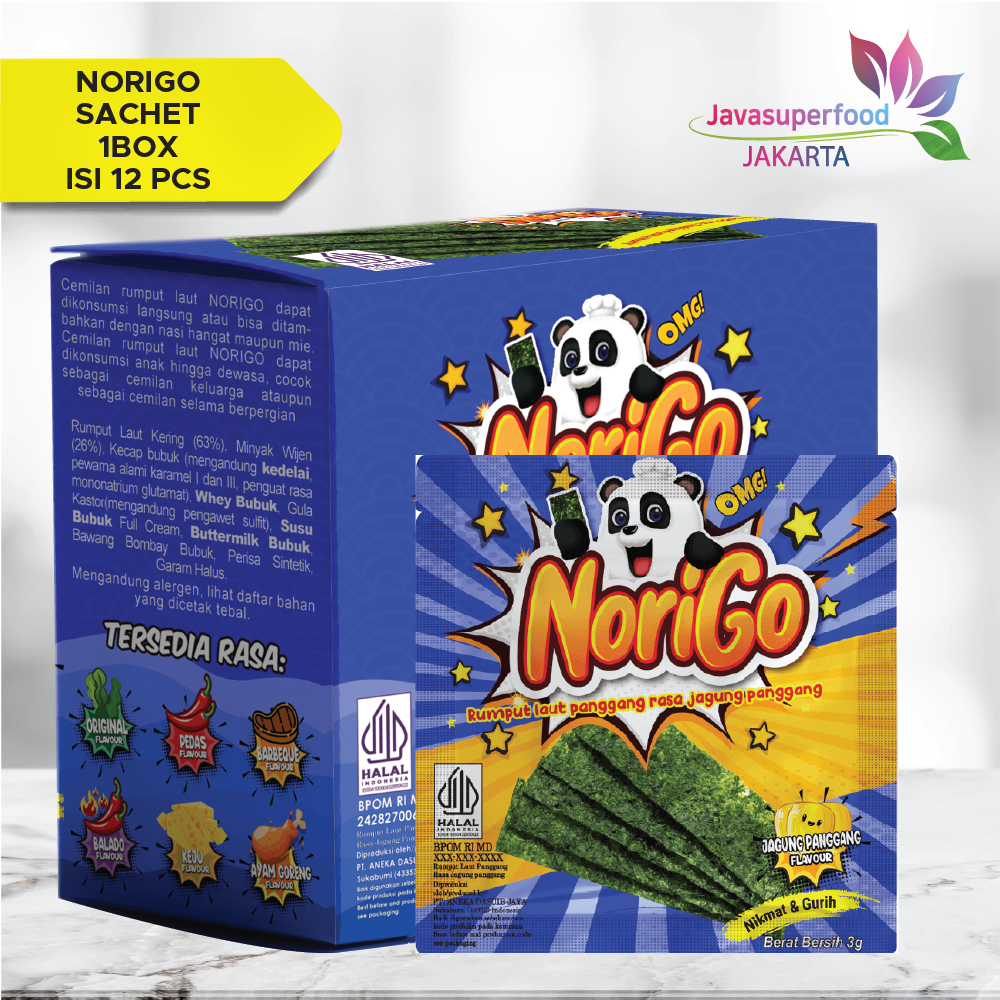 Norigo Jagung Panggang (1 BOX ISI 12 PCS) / Nori Sachet Seaweed Snack 3g Rumput Laut Halal