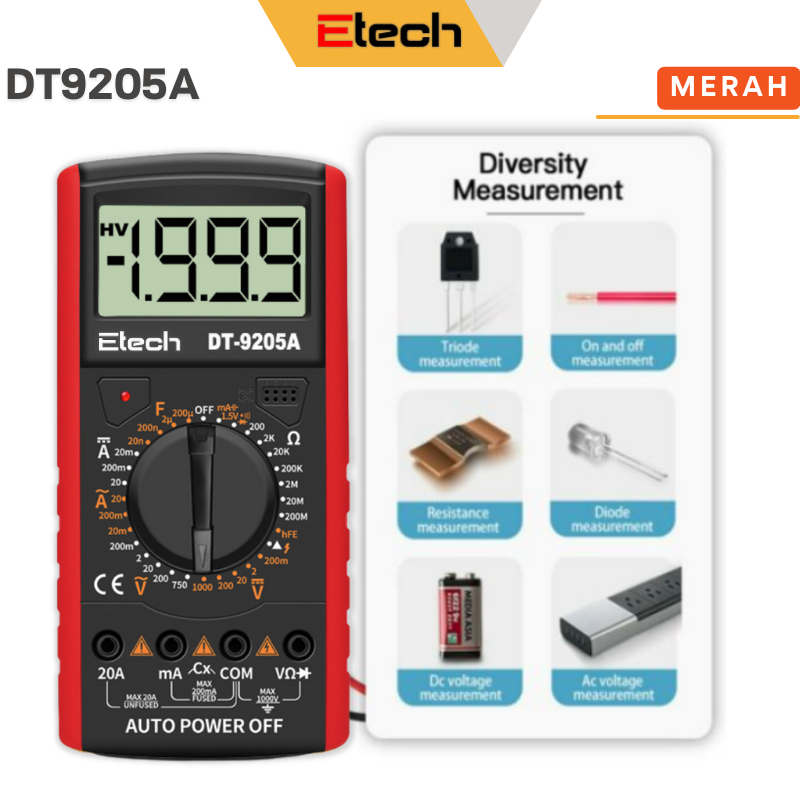 DT9205A Multimeter Digital Professional Voltage Tester AC DC 1000V 20A Ammeter Voltmeter Resistansi Kapasitansi Penguji Pengukur Daya AC dan DC