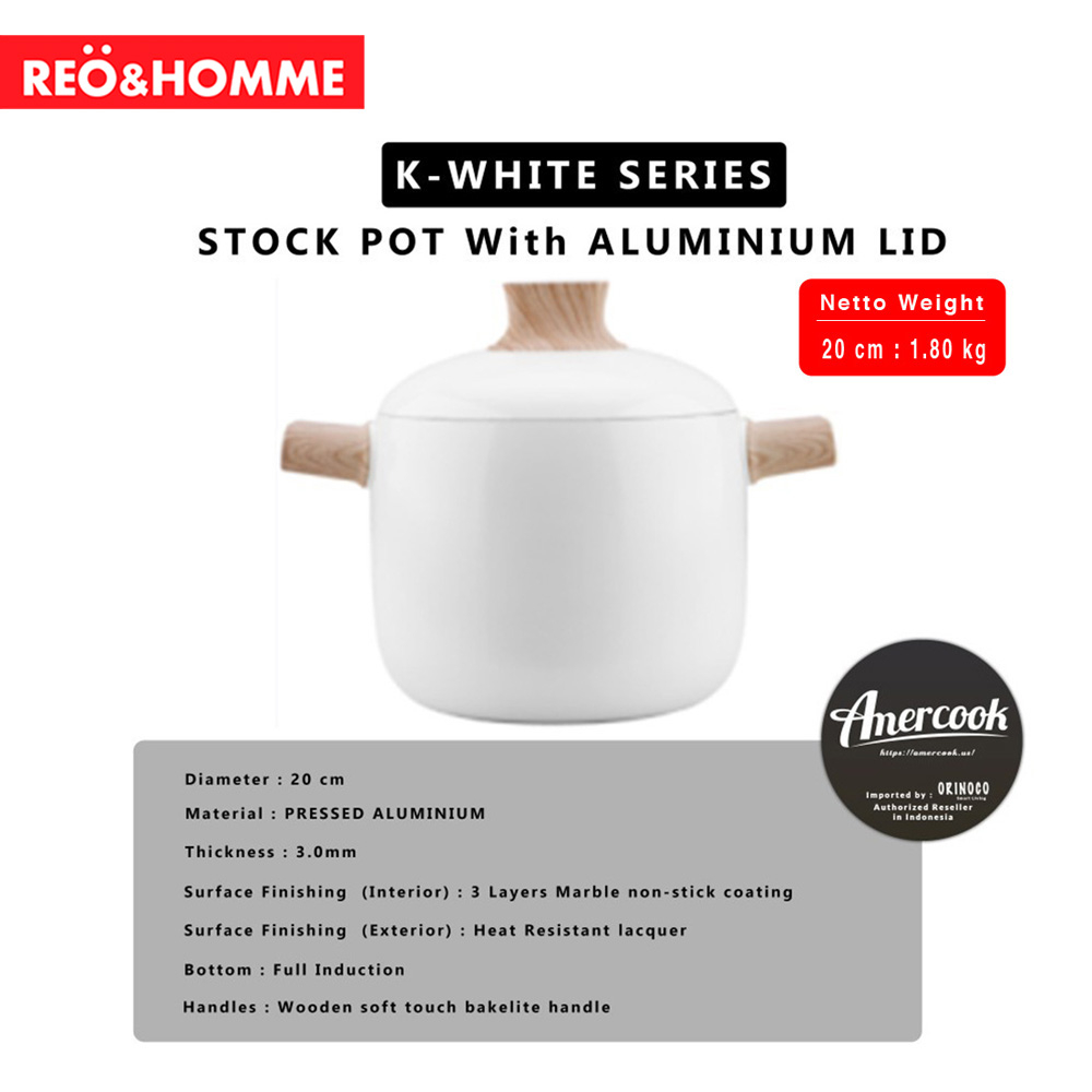 Reo&Homme Panci Masak Anti Lengket Stock Pot with Alumunium Lid 20cm Amercook AC0112307 K-White Seri