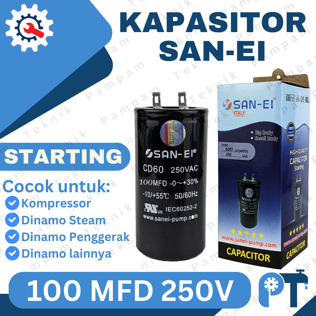 KAPASITOR STARTING 100MFD 250V SAN-EI SOKET CAPACITOR START SANEI 100 MFD 250V CAPASITOR DINAMO 100U