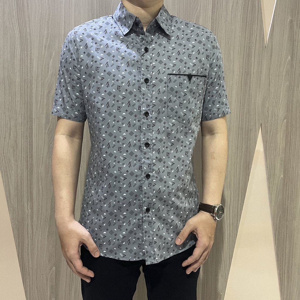 [GRIDLINE - S337 Rhythm Navy &amp; Black - S319 Smoke Grey] Kemeja Pria Slimfit Katun Lengan Pendek Print Modern Fashion Best Seller M-XXL