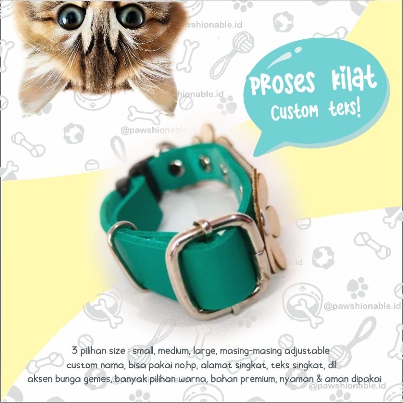 K48 - Kalung Kucing Anjing Custom Nama Kulit Sintetis 2 Bunga