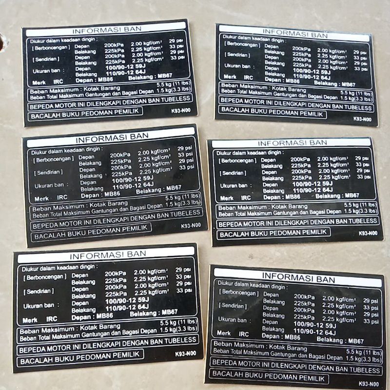 Stiker  informasi ban | Emblem informasi ban | Stiker dasbor