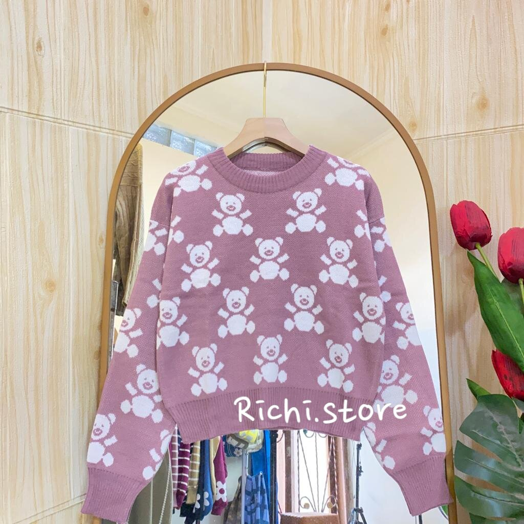 Virly Sweater Crop Rajut Wanita Full Motif Bear