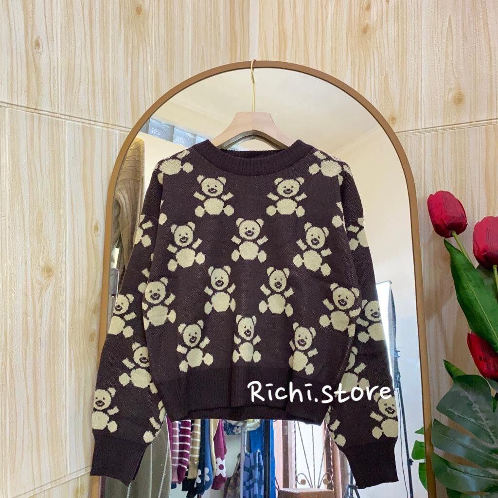 Virly Sweater Crop Rajut Wanita Full Motif Bear