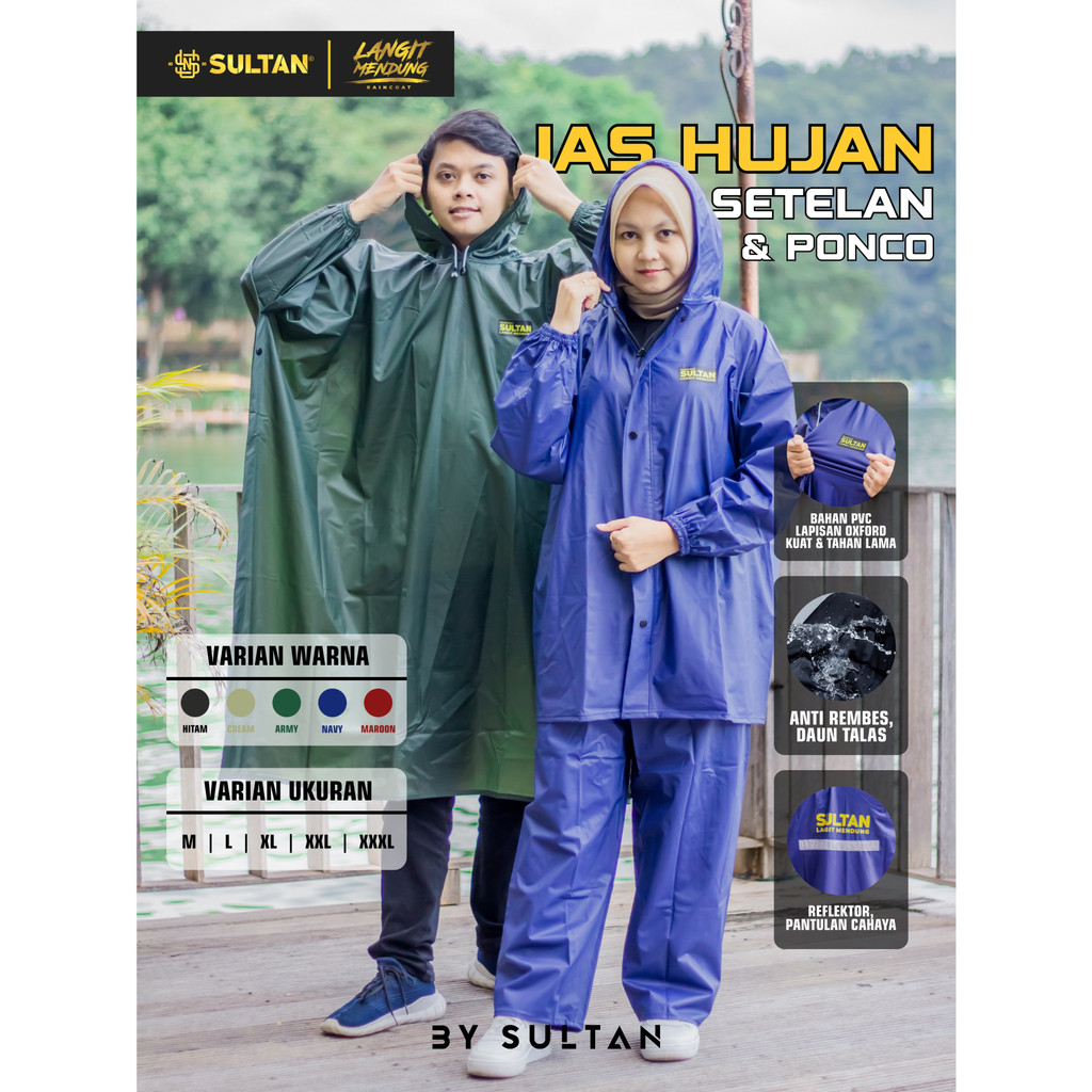 Jas Hujan Sultan Langit Mendung Super Jumbo PVC 025 SULTAN LANGIT MENDUNG Pria Wanita Mantel Hujan Tebal Berkulitas Setelan Bukan Axio Ponco Warna Merah Hijau Hitam Krem Coklat Susu Army Navy Biru Kelelawar