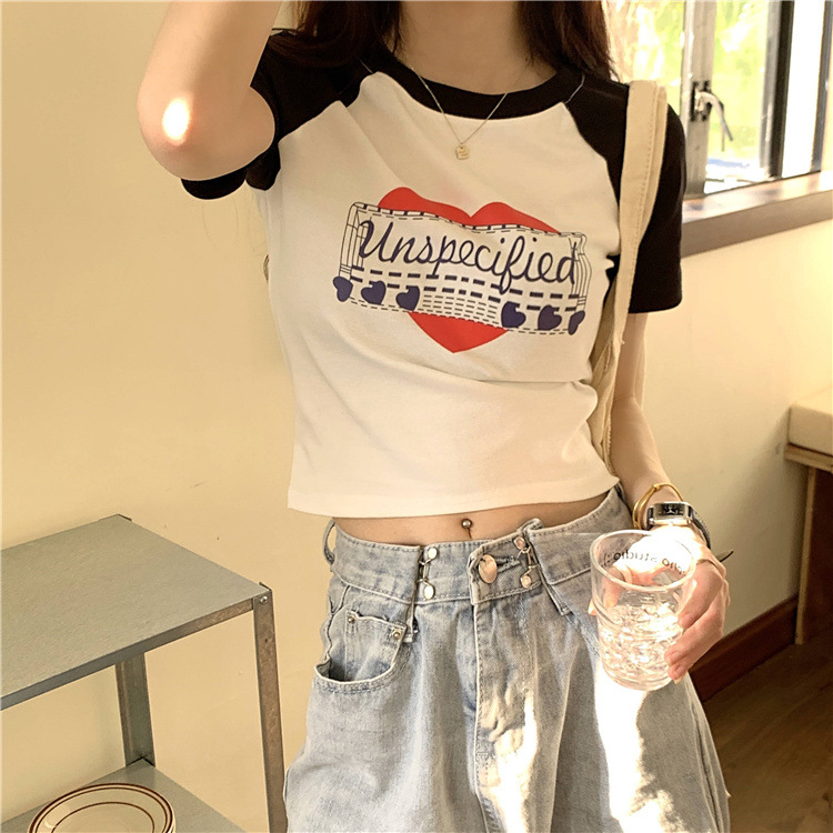 DF BJ389 Kaos Pendek Wanita Baju Atasan Crop Top Ketat Print Huruf Retro