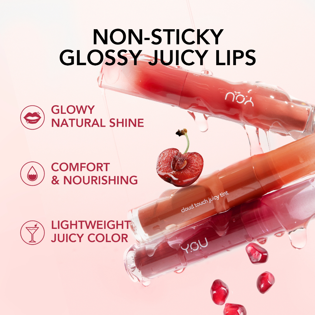 YOU Cloud Touch Juicy Tint Indonesia / 2.5g / Glassy Glowy Lips Hybrid Lip Look &amp; Care With Ceramide / Healthy Glow Natural Lasting Stain Moisturizing Comfort  / Nourishing Melembabkan / R847 R768 R776 R277 / Cosmetic Lipstick Liptint Y.O.U Series Fixing