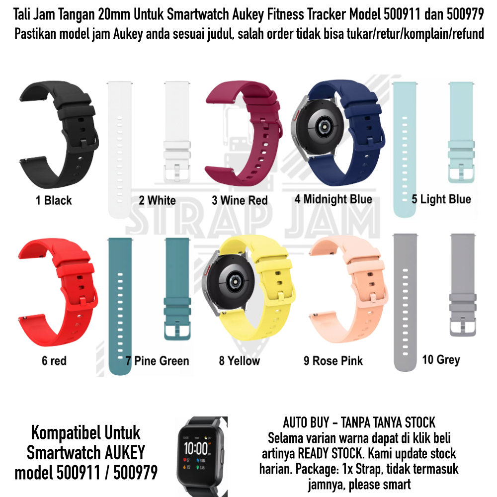 PWK Tali Jam Tangan Aukey Model 500911 / 500979 - Strap 20mm Silikon Rubber Lentur Nyaman