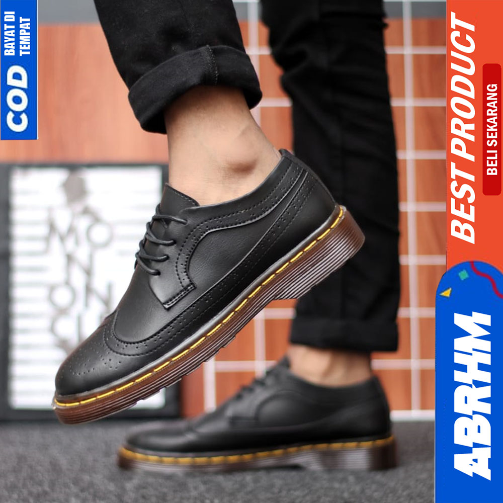 ABRHM Sepatu Docmart Pria Casual Kulit Formal Kerja Pria Hitam Akari