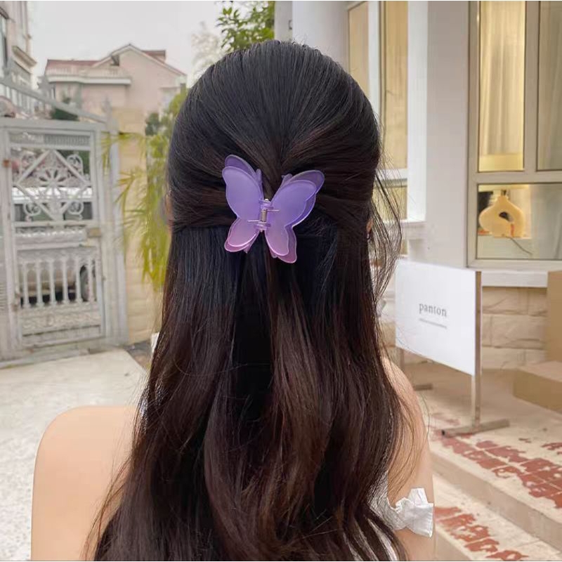 Jepit Rambut Kupu Jumbo 7cm Dua Sayap Warna Gradasi Jedai Doff Kupu Sayap Ganda Jepitan Rambut Transparan Matte Double Layer Korean Butterfly Hair Claw Clips