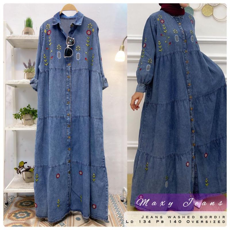 gamis jeans Bordir fashion wanita modern