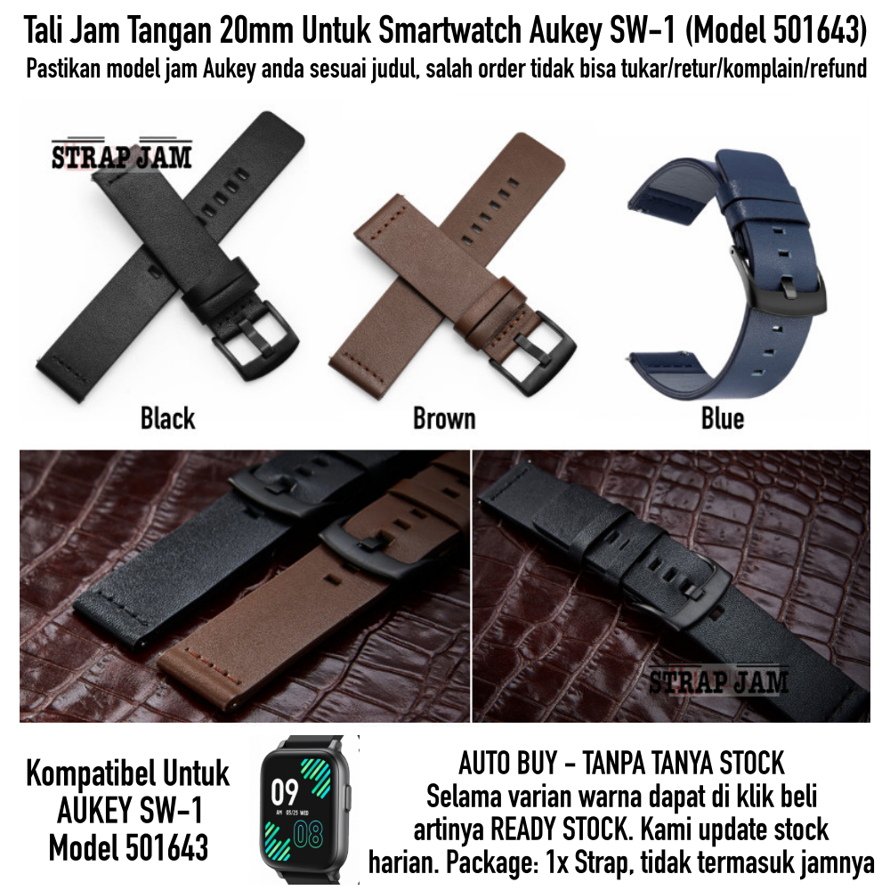 Modern 20mm Leather Strap Aukey SW-1 SW1 501643 - Tali Jam Tangan Kulit