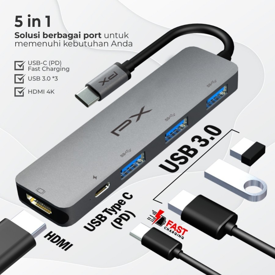 USB Hub Type C 3.1 to HDMI USB 3.0 MacBook Laptop 5 in 1 PX UCH150