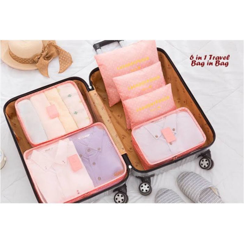 New 6in1 Korean Travel Bag in Bag POLKADOT (1 set isi 6 pcs organizer)