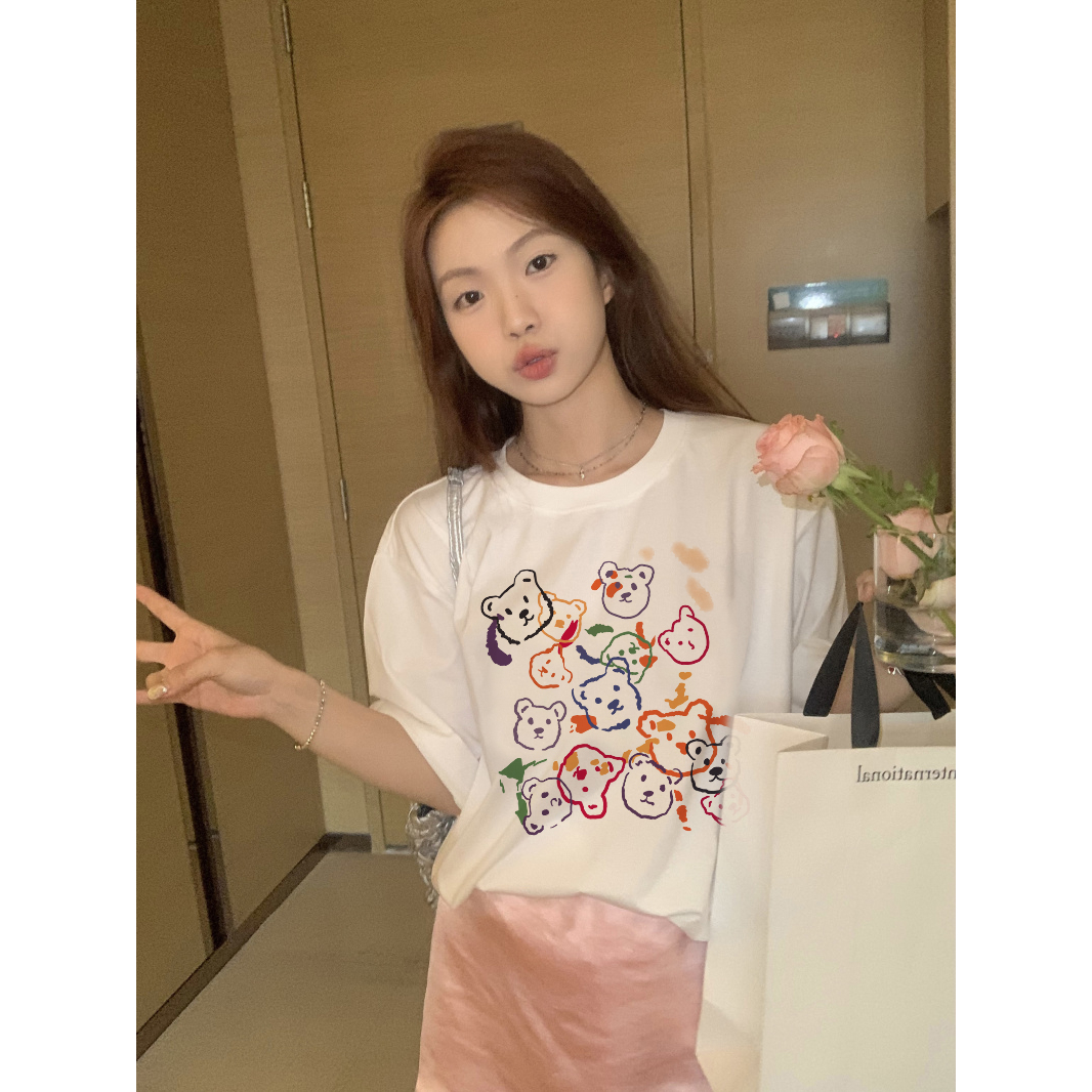 EUNII T-shirt Lengan Pendek Cartoon Graffiti Bear Korean Style/Kaos Atasan Wanita/Baju Kaus Oversize Wanita/Kaos Wanita