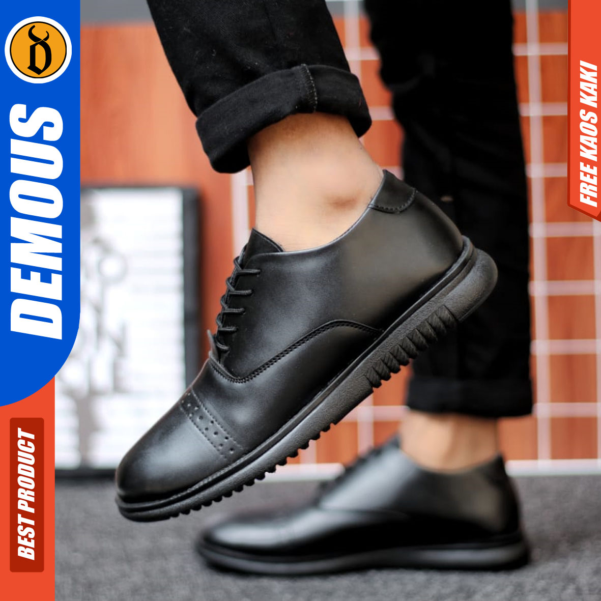 DEMOUS HATTE - Sepatu Formal Pria Kerja Kantor Kulit PU Hitam Pantofel Casual Cowok