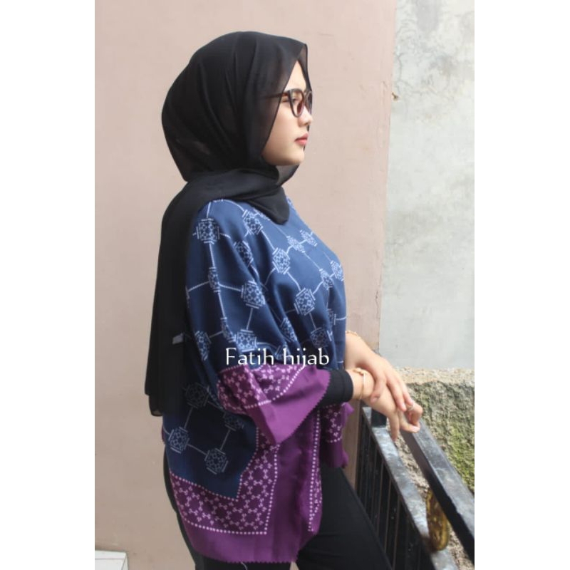 outer kimono kekinian motif Luna nevy biru Dongker