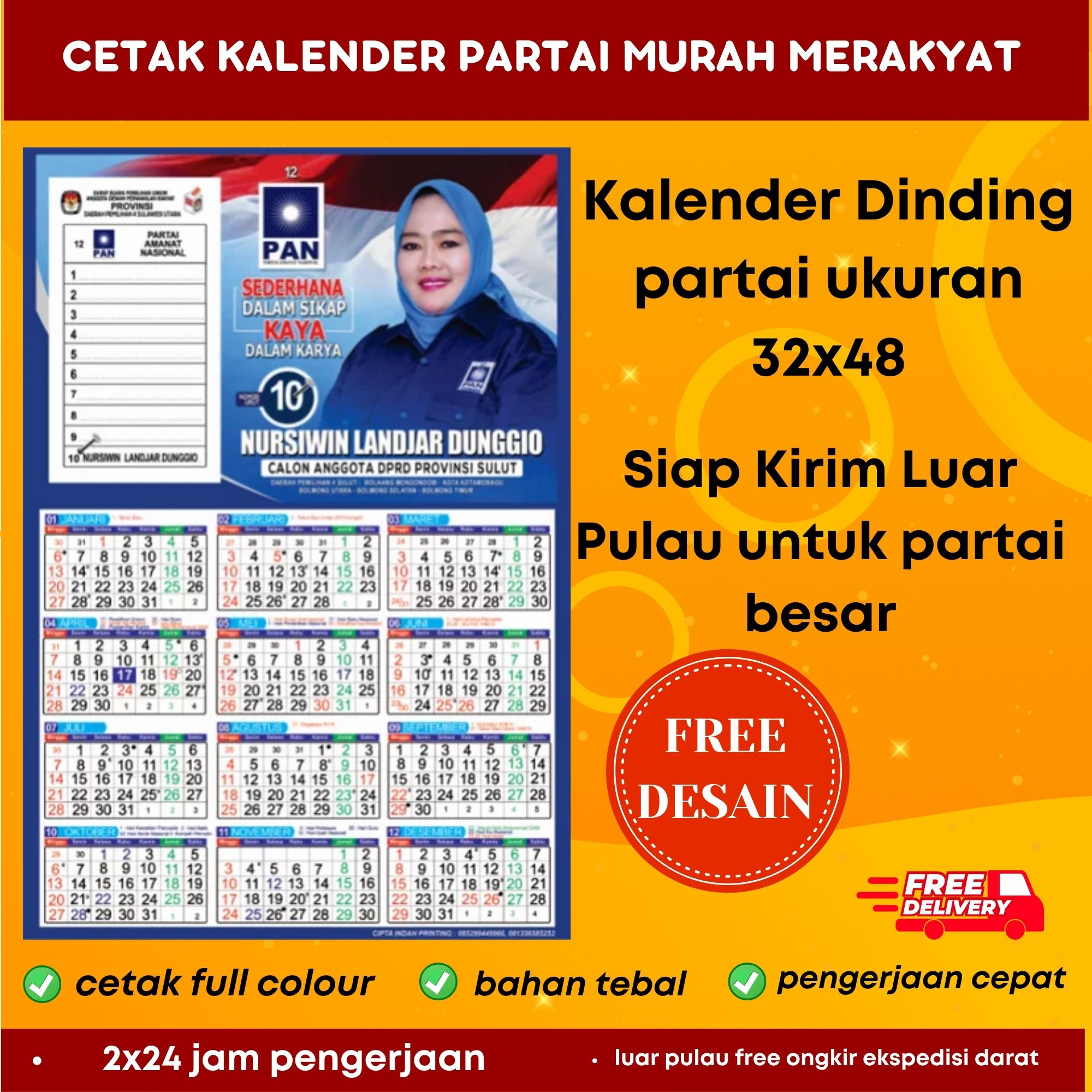 CETAK KALENDER DINDING PARTAI 2024 CUSTOM DUPLEX 310GSM 2000PCS MURAH