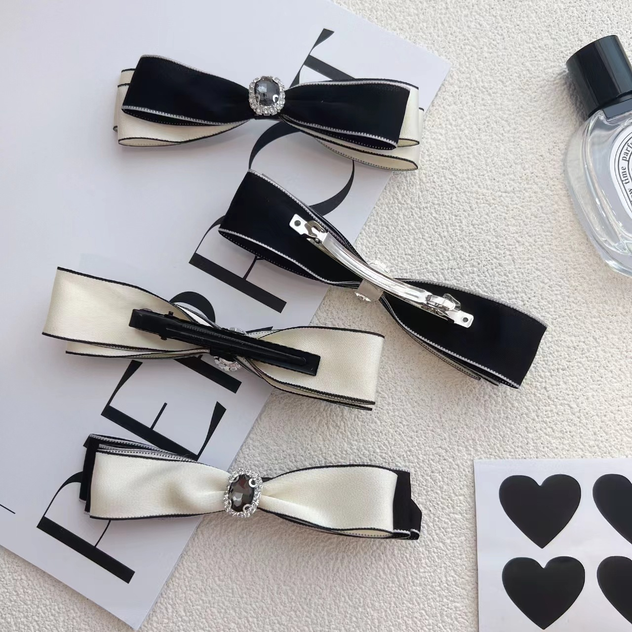 DOUBLE LAYER BOWKNOT HAIRCLIP JEPIT RAMBUT PITA HITAM PUTIH JEPITAN BOW RIBBON KOREA RETRO ELEGAN FRENCH RHINESTONE KAIN HAIR CLIP PIN AKSESORIS HAIRCLIP BLACK WHITE