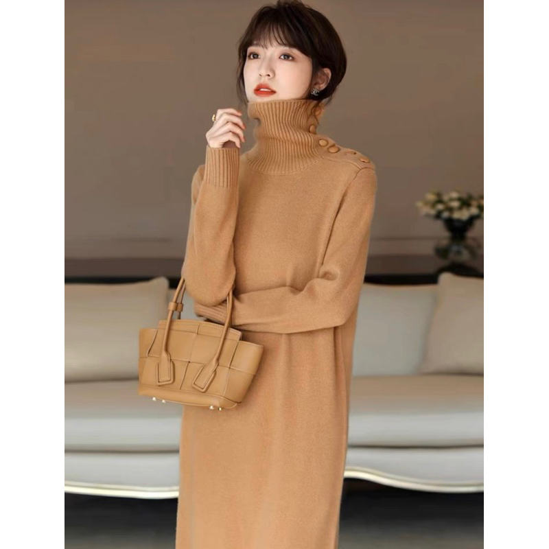 Janessa Knit Dress Turtleneck Button / Baju Gamis Wanita Rajut Kancing