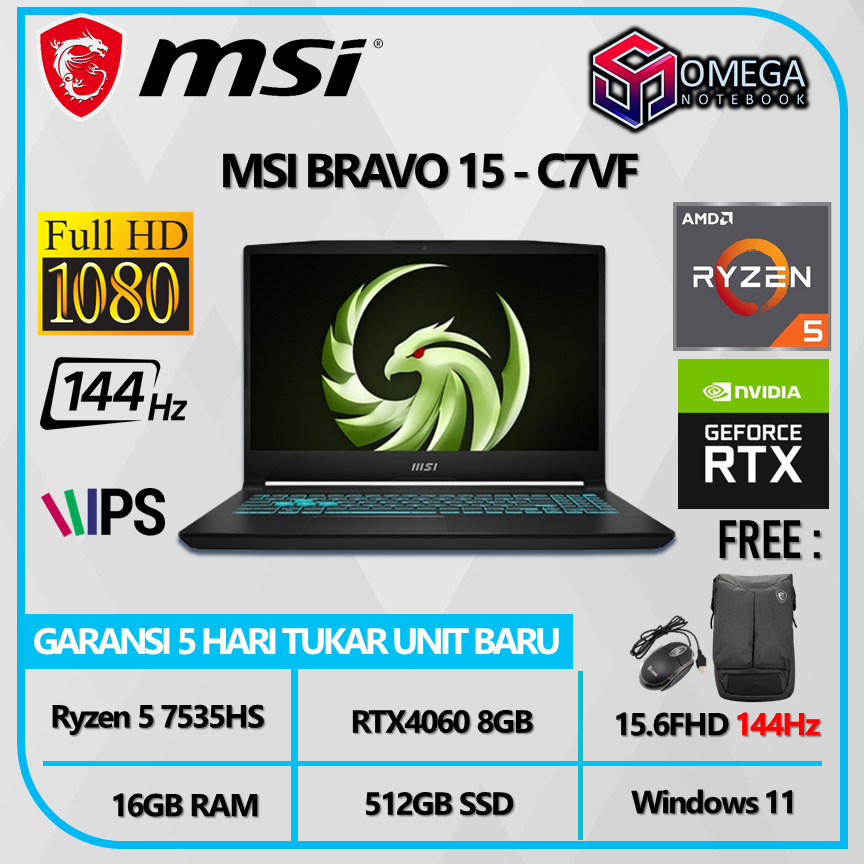 MSI BRAVO 15 C7VF / C7VE Ryzen 5 7535HS 16GB 512GB RTX4060 6GB 15,6FHD 144Hz WIndows 11