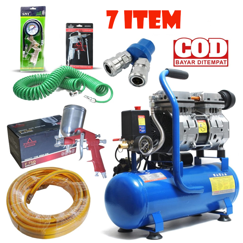 PAKET LENGKAP KOMPRESOR CAT KOMPRESOR LISTRIK 1HP 9L OILLES SILENT+SPRAY GUN F75 SIAP PAKAI ALAT CAT KOMPRESOR