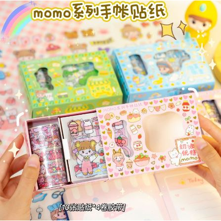 Sticker Momo Set isi 10 lembar + 4 roll Stiker Waterproof Motif Kartun Korea Sticker Momo Set Box Anti Air